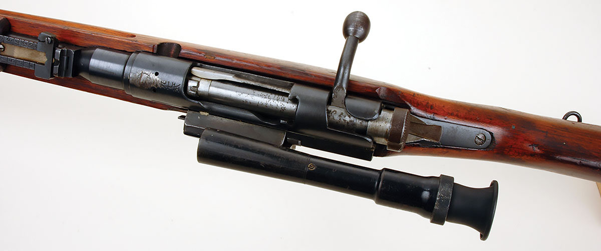 The Japanese mounted their 2.5x scopes offset to the rifles’ left side. Note the “mum” on the action’s front receiver ring has been removed.